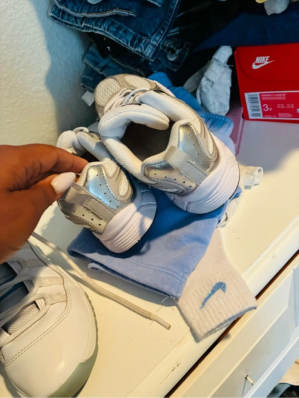 Nike Kids Silver, White and Black Mesh Athletic Sneakers